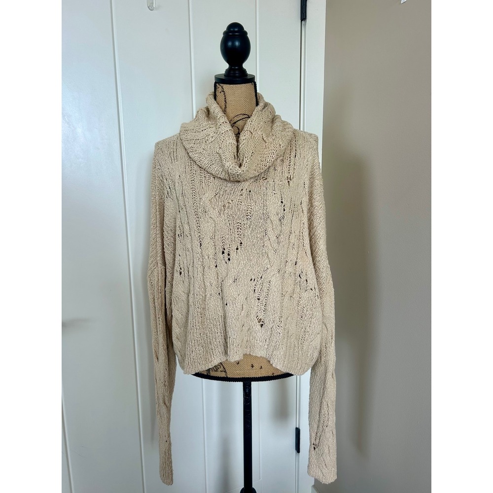 Free People Shades of Dawn Beige Knit Draped Slouch Cowl Neckline Sweater Size L